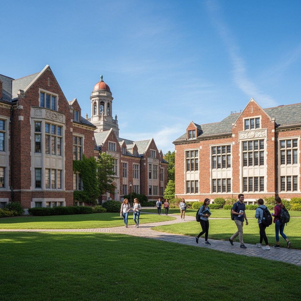 Students walk along brick pathways on a grassy college campus surrounded by historic brick buildings under a blue sky.
